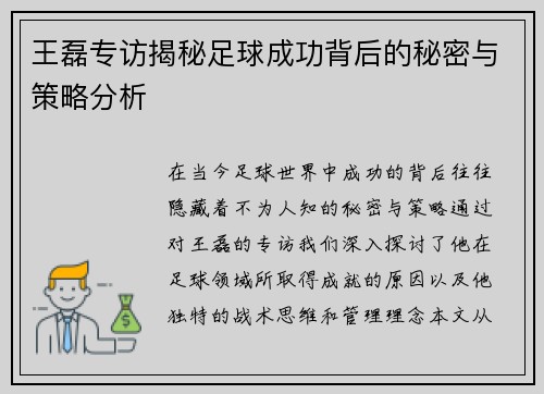 王磊专访揭秘足球成功背后的秘密与策略分析